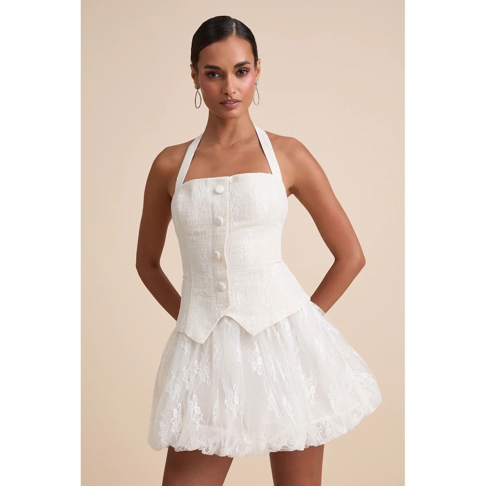 Lulus NWT Ottoline Ivory Mixed-Media Bubble-Hem Halter Mini Dress - XL